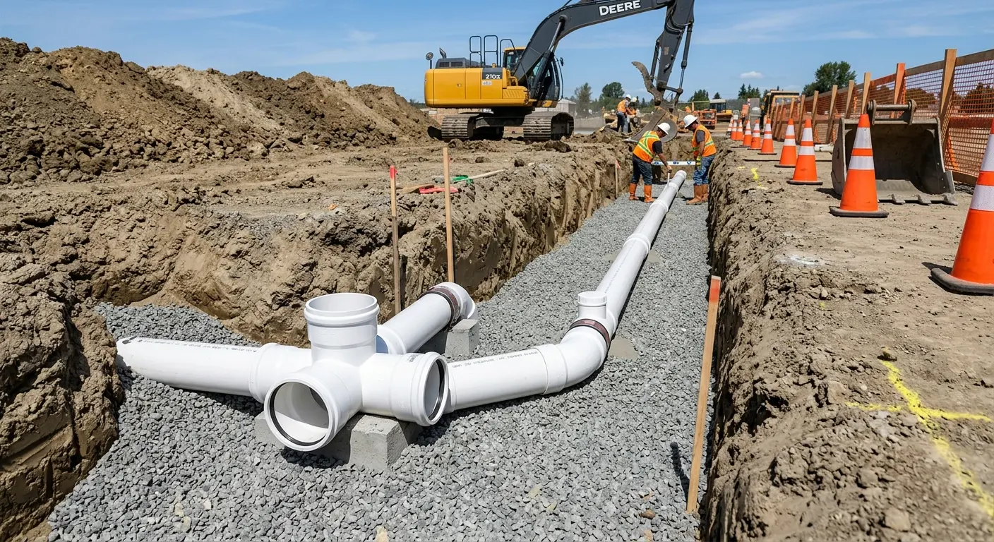 New PVC sewer pipe installation in open trench for Sewer Backup in Grover Beach
