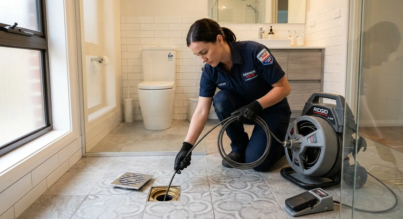 Technician clearing a bathroom floor drain for Hydro Jetting in Grover Beach